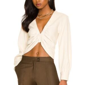 Line & Dot White Ruched Crop Top SMALL Long Balloon Sleeves Plunging  $97 NEW